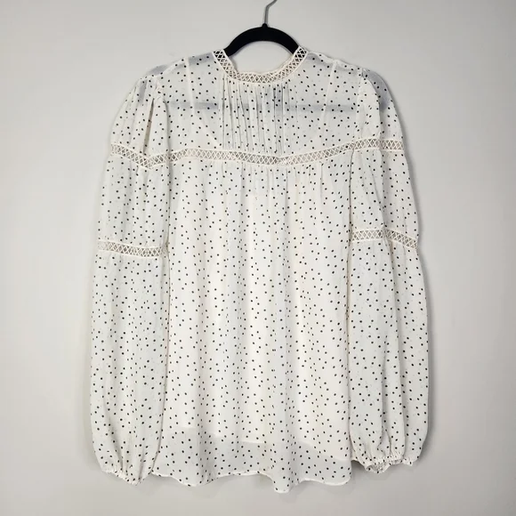 Women's Cream & Black Speck Print Peasant High Neck Sheer Blouse Large - Picture 3 of 16